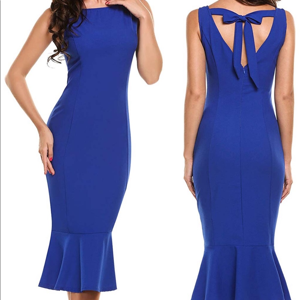 Royal blue fishtail midi cocktail sleeveless dress